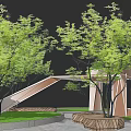 Modern Geometric Pergola Surrounded by Green Trees and Lawn with Stone Path and Wooden Benches