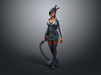 Game And Movie Female Character With Unique Purple Pink Hairstyle Blue Dress Holding Chain Ball 3d model