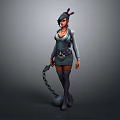 Game And Movie Female Character With Unique Purple Pink Hairstyle Blue Dress Holding Chain Ball