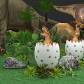 Various Prehistoric Reptiles Including Dinosaurs Pterosaur And Eggs In Grassland With Palm Trees