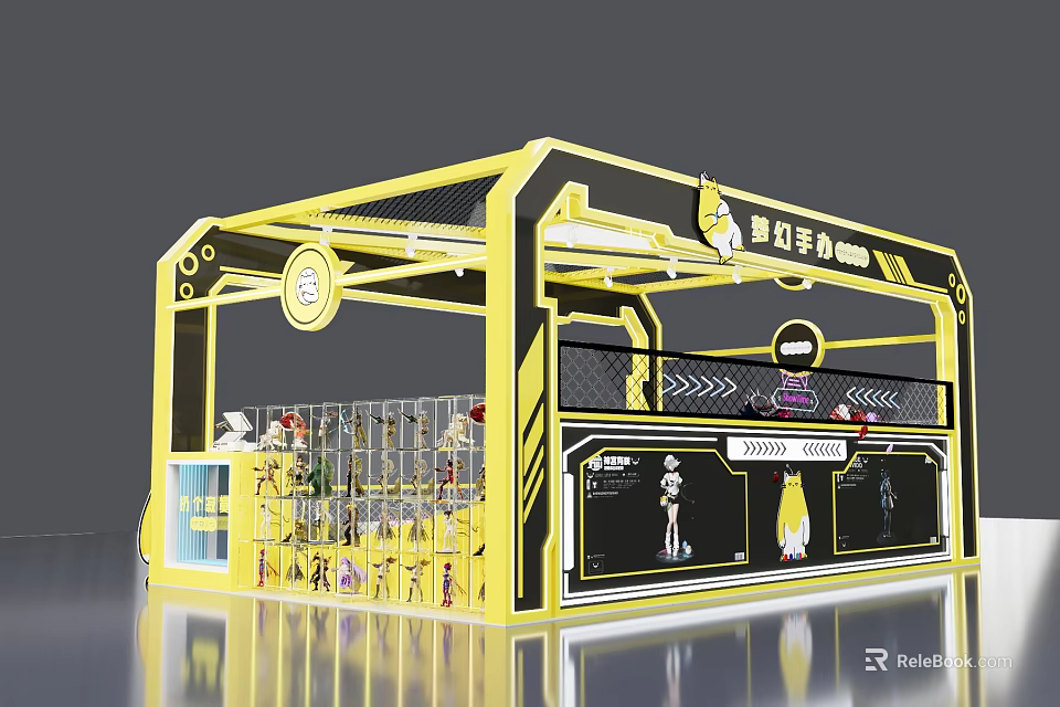 Devil Phone Booth Design With Yellow Black Frame And Product Display Racks 3d model 