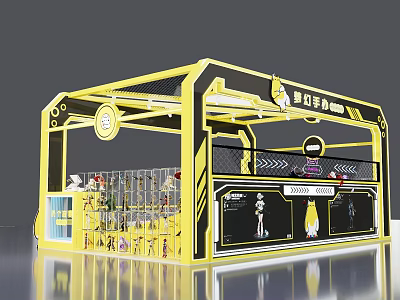 Devil Phone Booth Design With Yellow Black Frame And Product Display Racks 3d model
