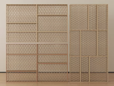Wooden Woven Room Divider With Modern Geometric Grid Panel Design 3d model