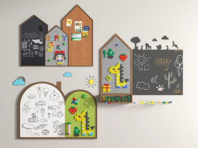 Creative House Shaped Wall Decor With Chalkboard Corkboard And Cartoon Giraffe Sun Clouds 3d model