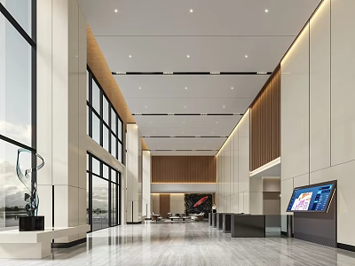 Elegant Modern Office Lobby Reception With Marble Floor And Large Floor To Ceiling Windows 3d model