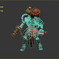 Biomechanical Character With Red Top Structures Holding Gear Weapon And Decorative Armor