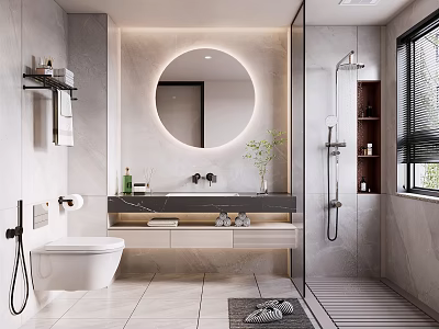 Modern Bathroom Interior Design With Round Backlit Mirror Vanity Counter And Glass Shower Enclosure 3d model