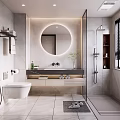 Modern Bathroom Interior Design With Round Backlit Mirror Vanity Counter And Glass Shower Enclosure