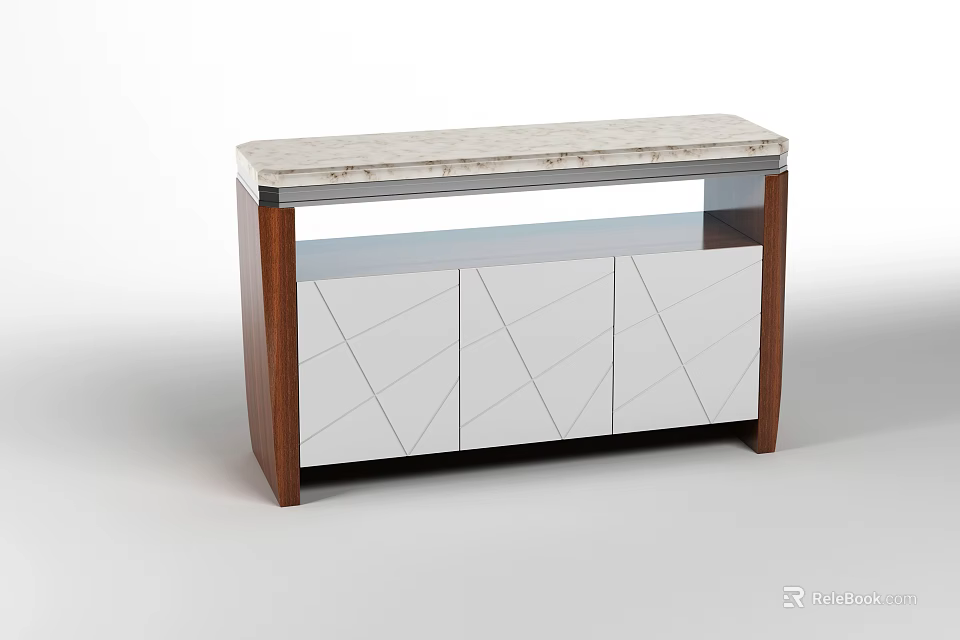 Modern Sideboard With White Geometric Pattern Cabinet Doors Dark Wood Frame And Marble Countertop 3d model 