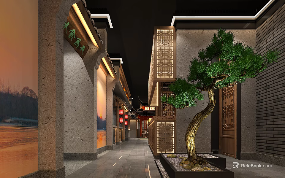 Traditional Chinese Restaurant Interior With Pine Tree Lanterns And Mural Decorations 3d model