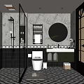 Modern Bathroom With Glass Shower Enclosure Round Mirror Marble Wall And Black White Tile Floor