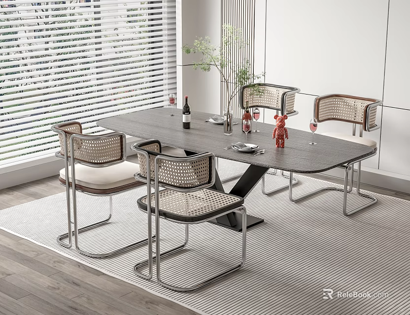 Modern Dining Table Set With Woven Chairs Metal Frame And Decorative Items By Window Blinds 3d model