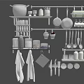 Wall Mounted Kitchen Utensils Storage With Pots Pans Cups Jars And Tools 3d model