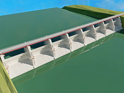 Modern Long Concrete Dam Structure With Multiple Gates And Green Surroundings 3d model