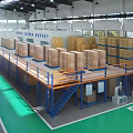 Industrial Factory With Double Deck Shelves Cardboard Boxes Green Floor Machinery And Windows