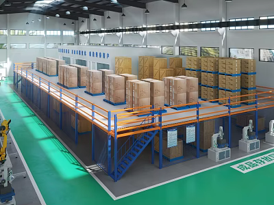 Industrial Factory With Double Deck Shelves Cardboard Boxes Green Floor Machinery And Windows 3d model