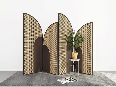 Foldable Room Divider Screen With Wooden Frame Woven Texture And Green Plant 3d model