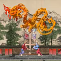 Vibrant Dragon Garden Ornament Sculpture With Red Pillars And Green Trees