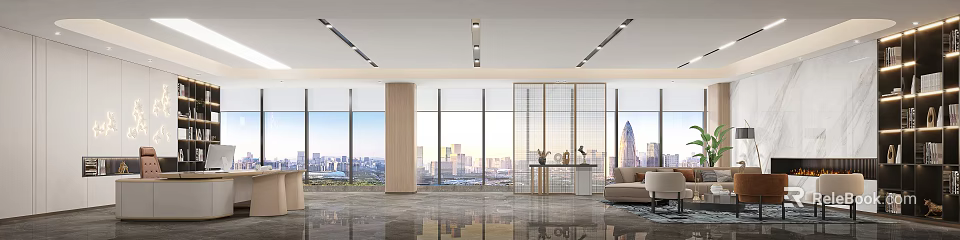 Modern Open Office Interior Design With Spacious Layout And City View Through Large Windows 3d model 
