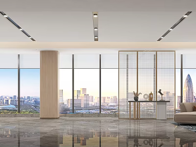 Modern Open Office Interior Design With Spacious Layout And City View Through Large Windows 3d model