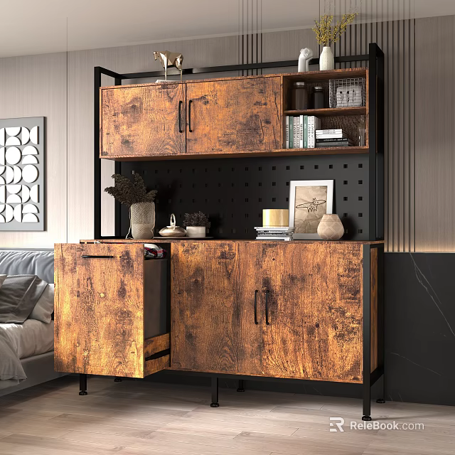 Modern Wooden Storage Cabinet Shelf Unit Interior With Decorative Items Books And Open Shelves 3d model 