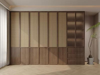 Modern Wooden Wardrobe With Lattice Design And Built In Storage Drawers 3d model