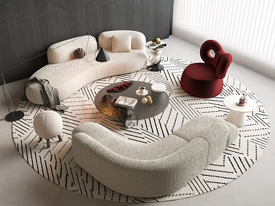 Modern Cream Curved Bouclé Sofa And Round Coffee Table Set With Red Accent Chair 3d model