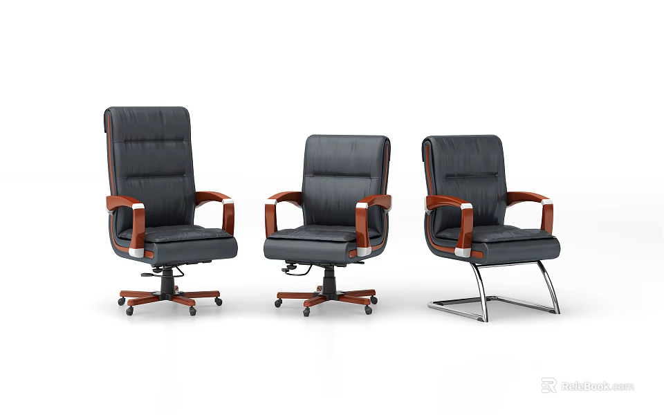 Modern Black Office Chair with Wooden Armrests and Different Base Designs 3d model 