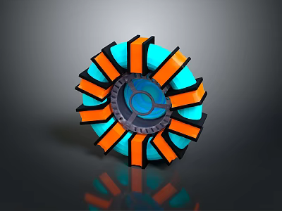 Futuristic Circular Mechanical Component With Orange Blue Blades And Central Core 3d model