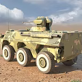 Military Camouflage Armored Vehicle With Six Wheels And Weapon Turret In Desert Terrain
