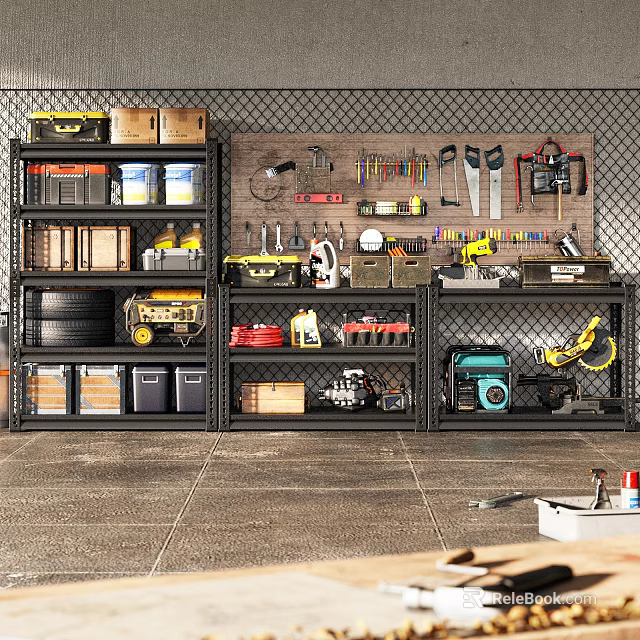 Garage Storage Shelves Organized With Tools Toolboxes Tires And Power Equipment 3d model 