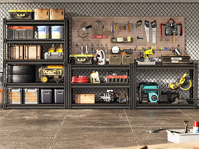 Garage Storage Shelves Organized With Tools Toolboxes Tires And Power Equipment 3d model
