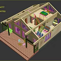 Cartoon Style Wooden House Model With Interior Structure Balcony And Bedroom Elements