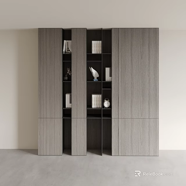 Modern Minimalist Gray Wooden Bookcase Interior With Multiple Shelves Books And Decorative Items 3d model 