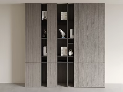 Modern Minimalist Gray Wooden Bookcase Interior With Multiple Shelves Books And Decorative Items 3d model