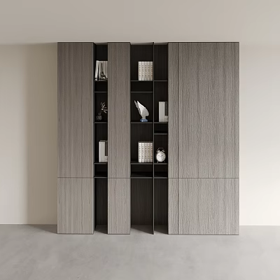 Modern Minimalist Gray Wooden Bookcase Interior With Multiple Shelves Books And Decorative Items 3d model
