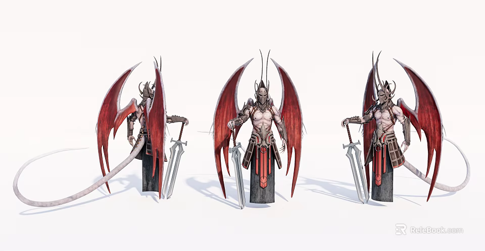 Three Armored Game And Movie Demon Warrior Characters With Red Wings Holding Swords 3d model 