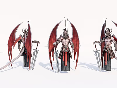 Three Armored Game And Movie Demon Warrior Characters With Red Wings Holding Swords 3d model