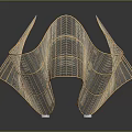 Golden Wireframe Sculpture With Curved Geometric Design And Metal Mesh Structure
