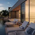Modern Detached Villa With Swimming Pool Sun Loungers Glass Walls And Evening View
