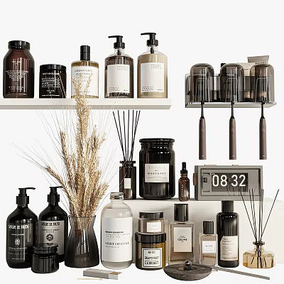 Organized Daily Cleaning Products With Bottles Jars Brushes And Wheat Stems On Shelves 3d model