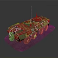 Wheeled Tank with Green Yellow Camouflage Antenna Number 321 on Gray Platform Against Dark Background