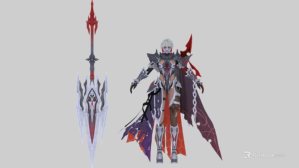 Fantasy Game Character With White Hair Red Black Armor And Mythical Spear Weapon 3d model 