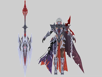 Fantasy Game Character With White Hair Red Black Armor And Mythical Spear Weapon 3d model