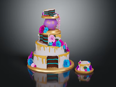 Layered Celebration Cake Decorated With Purple Blue Pink Flowers And Golden Details With Small Cake 3d model