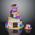 Layered Celebration Cake Decorated With Purple Blue Pink Flowers And Golden Details With Small Cake