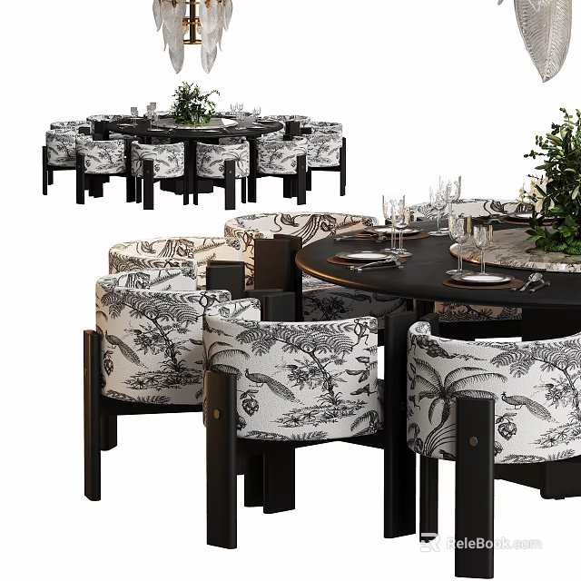 Stylish Dining Table Set With Black Wooden Table And Botanical Pattern Upholstered Chairs 3d model 