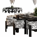 Stylish Dining Table Set With Black Wooden Table And Botanical Pattern Upholstered Chairs 3d model