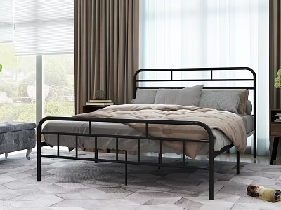 Double Bed with Black Metal Frame Gray Beige Bedding and Modern Bedroom Setting 3d model