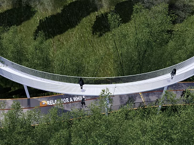 Scenic Curved Landscape Bridge with People Walking Amid Green Trees and Grass 3d model